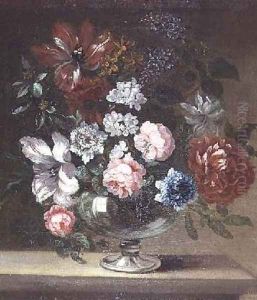 Roses tulips and other flowers in a vase by Jean-Baptiste Monnoyer