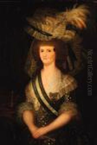 Portrait Of Queen Maria Louisa 
Of Spain, Half-length, In Anembroidered Dress, An Order Sash And A 
Feathered Hat, Standing By Acrown, Holding A Fan - view 1