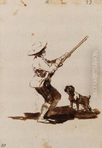 A Hunter Loading His Gun, Accompanied By His Dog