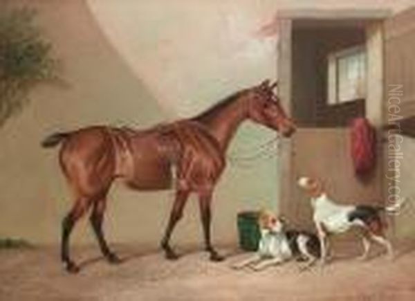 A Hunter Before A Stable With Two Foxhounds - view 1