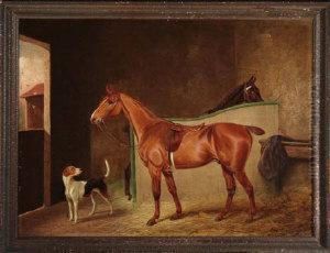 A Portrait Of A Chestnut Hunter In A Stall With A Hound And A Bayhorse Nearby A Portrait Of A Chestnut Hunter In A Stall With A Hound And A Bayhorse Nearby