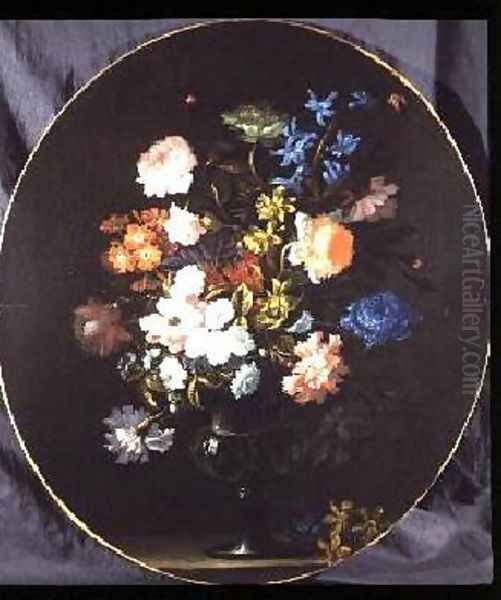 Still Life of Flowers including Roses Carnations and Hyacinths in a Glass Vase - view 1