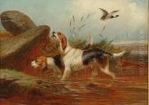 Two Setters In A Highland
Landscape With A Game Basket, Grouse And Duck; Otter Hounds At The Mouth
Of The Holt by Colin Graeme Roe