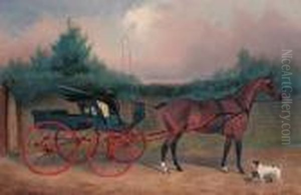 Shin-a-beg, A Bay Carriage Horse In A Trap, With A Terrier And Apug In A Stable Yard - view 1