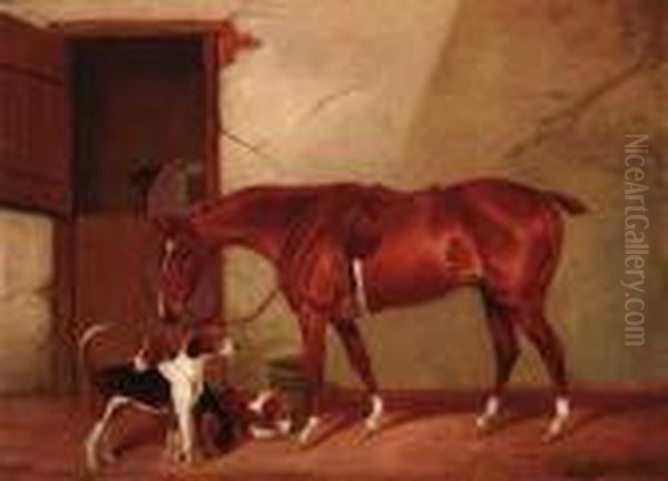 A Chestnut Hunter With Three Hounds Outside A Stable - view 1