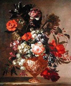 Still life of flowers in a sculpted vase by Jean-Baptiste Monnoyer