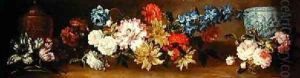Still life of Roses and Other Roses on a Ledge with Two Ginger Jars by Jean-Baptiste Monnoyer