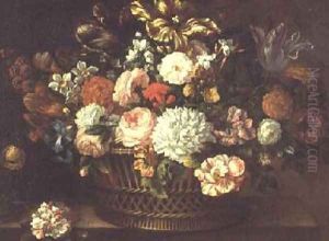Peonies tulips narcissi and other flowers in a basket 2 by Jean-Baptiste Monnoyer