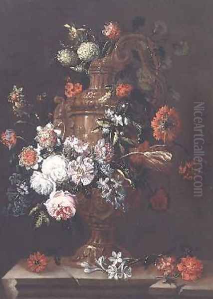Still Life with Roses Tulips and other Flowers in an Urn on a Stone Ledge - view 1