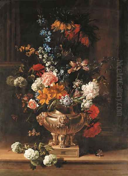 Parrot tulips, chrysanthemum, hydrangea, honeysuckle, borage, paeonies, Crown Imperial fritillaries and other flowers in a sculpted urn on a ledge - view 1