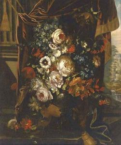 Roses, convulvulae, poppies and other summer flowers in an urn by a draped pillar
