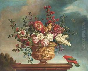 Summer flowers in a vase on a plinth, with a parrot and butterfly to the side; and Another similar by Jean-Baptiste Monnoyer