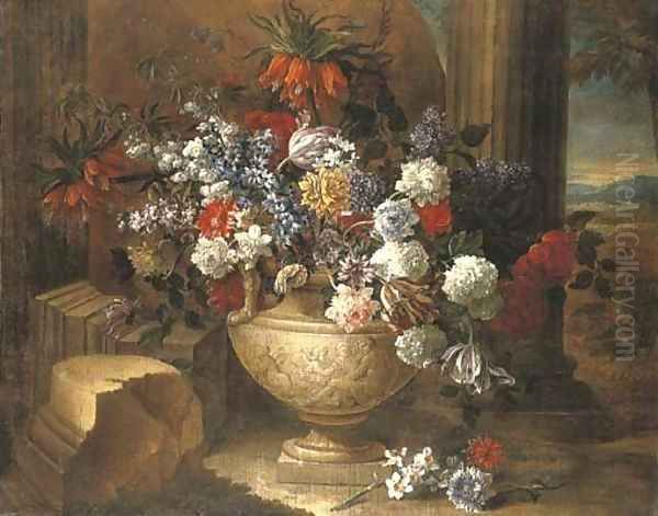 Tulips, lilacs, dahlias and other flowers in a sculpted vase, before a column, a landscape beyond - view 1