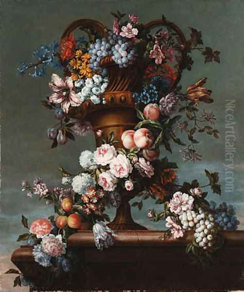 Grapes, peaches, plums, roses, hyacinth, hydrangea and other flowers entwined around a bronze vase - view 1