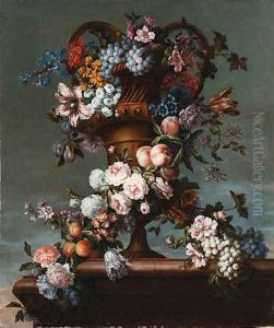 Grapes, peaches, plums, roses, hyacinth, hydrangea and other flowers entwined around a bronze vase by Jean-Baptiste Monnoyer