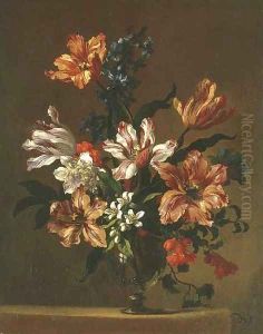 Parrot tulips and other flowers in a glass vase on a stone ledge by Jean-Baptiste Monnoyer