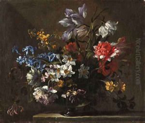 Narcissi, peonies, hyacinth, honeysuckle and a tulip in a glass vase on a ledge by Jean-Baptiste Monnoyer