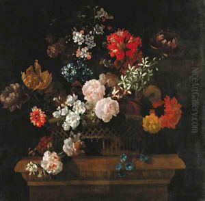 Roses, convolvulus, spider lilies, parrot tulips, a paeony and other flowers in a basket on a pedestal by Jean-Baptiste Monnoyer