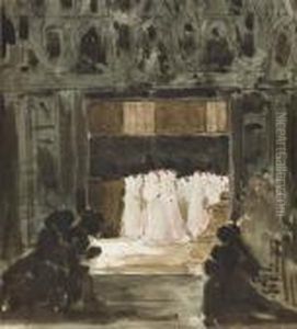 A Church Interior With Women Praying And A Group Of Cardinals