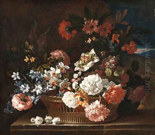 Roses, Narcissi, a Hyacinth, Primulae, Jasmine, Carnations and other Flowers in a wicker Basket on a stone Ledge, a Landscape beyond - view 1