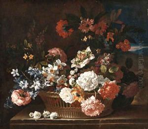 Roses, Narcissi, a Hyacinth, Primulae, Jasmine, Carnations and other Flowers in a wicker Basket on a stone Ledge, a Landscape beyond