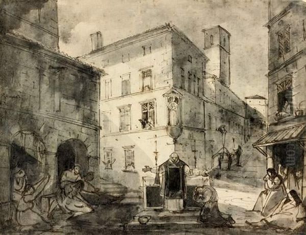 Office Religieux En Plein Air Sur Une Place Romaine
 Plume Et Encre Brune Sur Trait De Crayon Noir, Lavis Gris - view 1