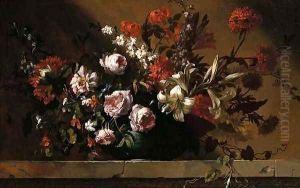 Roses, tulips, lilies and other flowers in a ceramic dish on a stone ledge by Jean-Baptiste Monnoyer