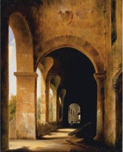 A Cloister With A Gardener Wheeling A Barrow by Francois-Marius Granet