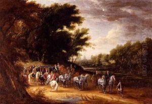 Louis XIV In A State Coach Accompanied By His Gentlemen by Adam Frans van der Meulen