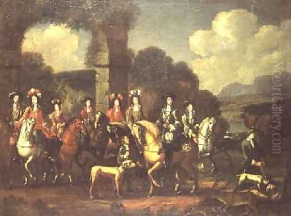 An elegant hunting party by a ruin - view 1