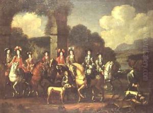 An elegant hunting party by a ruin by Adam Frans van der Meulen