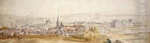 Distant view of a town with a chateau on the right by Adam Frans van der Meulen