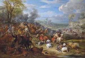 French troops in battle in an extensive landscape by Adam Frans van der Meulen