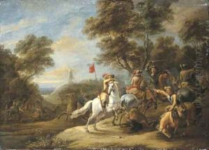 A cavalry skirmish with a windmill on a hill beyond by Adam Frans van der Meulen