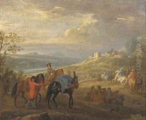 An extensive river landscape with a cavalry troop on a path, a ruined castle beyond by Adam Frans van der Meulen