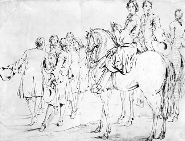 Two mounted Officers, a third behind and a group of five men conferring, some gesturing to the left - view 1