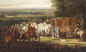 A Royal carriage with attendants in an extensive landscape