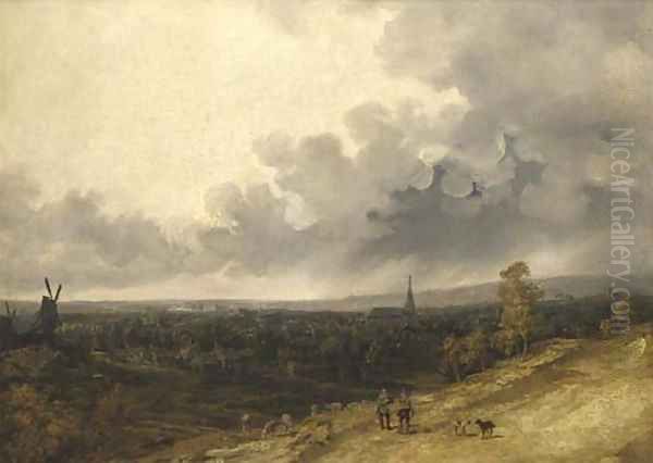 A view over a village in a rainstorm - view 1