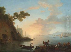 Neapolitan coastal views with a Dutch warship and fishermen in a harbour