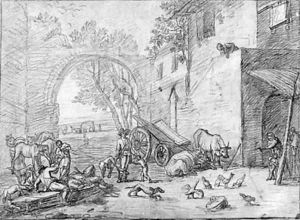 The courtyard of a farm with hunters by Adrien Manglard