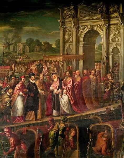 King Henri III 1551-89 of France visiting Venice in 1574, escorted by Doge Alvise Mocenigo 1570-77 and met by the Patriarch Giovanni Trevisan, from the Room of the Four Doors - view 1