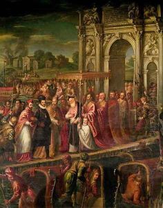 King Henri III 1551-89 of France visiting Venice in 1574, escorted by Doge Alvise Mocenigo 1570-77 and met by the Patriarch Giovanni Trevisan, from the Room of the Four Doors