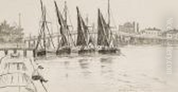 Old Battersea Bridge With Sail Barges - view 1