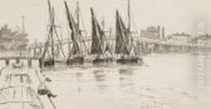 Old Battersea Bridge With Sail Barges