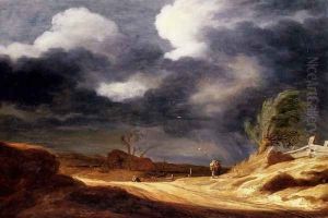 A dune landscape with travellers on a path by Pieter de Molyn