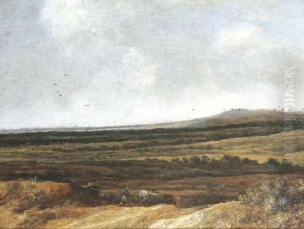 An extensive landscape with a shepherd and his cattle, villages beyond - view 1