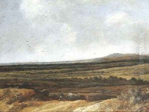 An extensive landscape with a shepherd and his cattle, villages beyond by Pieter de Molyn
