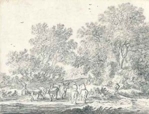 A woodland path with mounted travellers and herdsmen with cattle by Pieter de Molyn