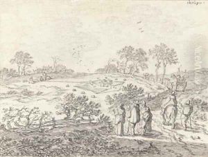 An extensive landscape with peasants watching a bird trap in the background by Pieter de Molyn