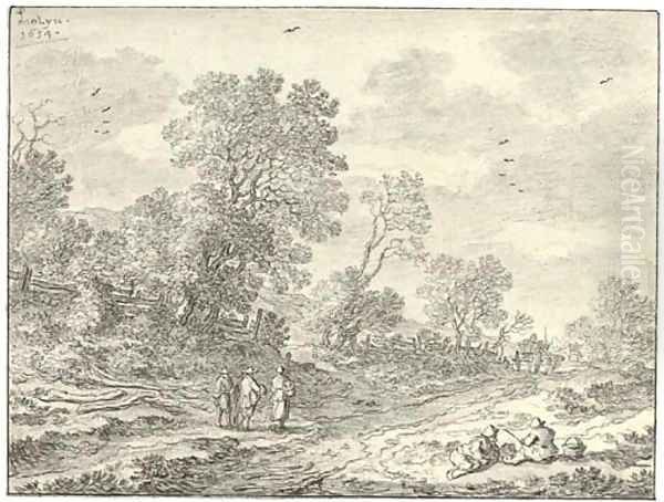 Two peasants reclining on a bank by a road, three travellers and two carts seen beyond - view 1